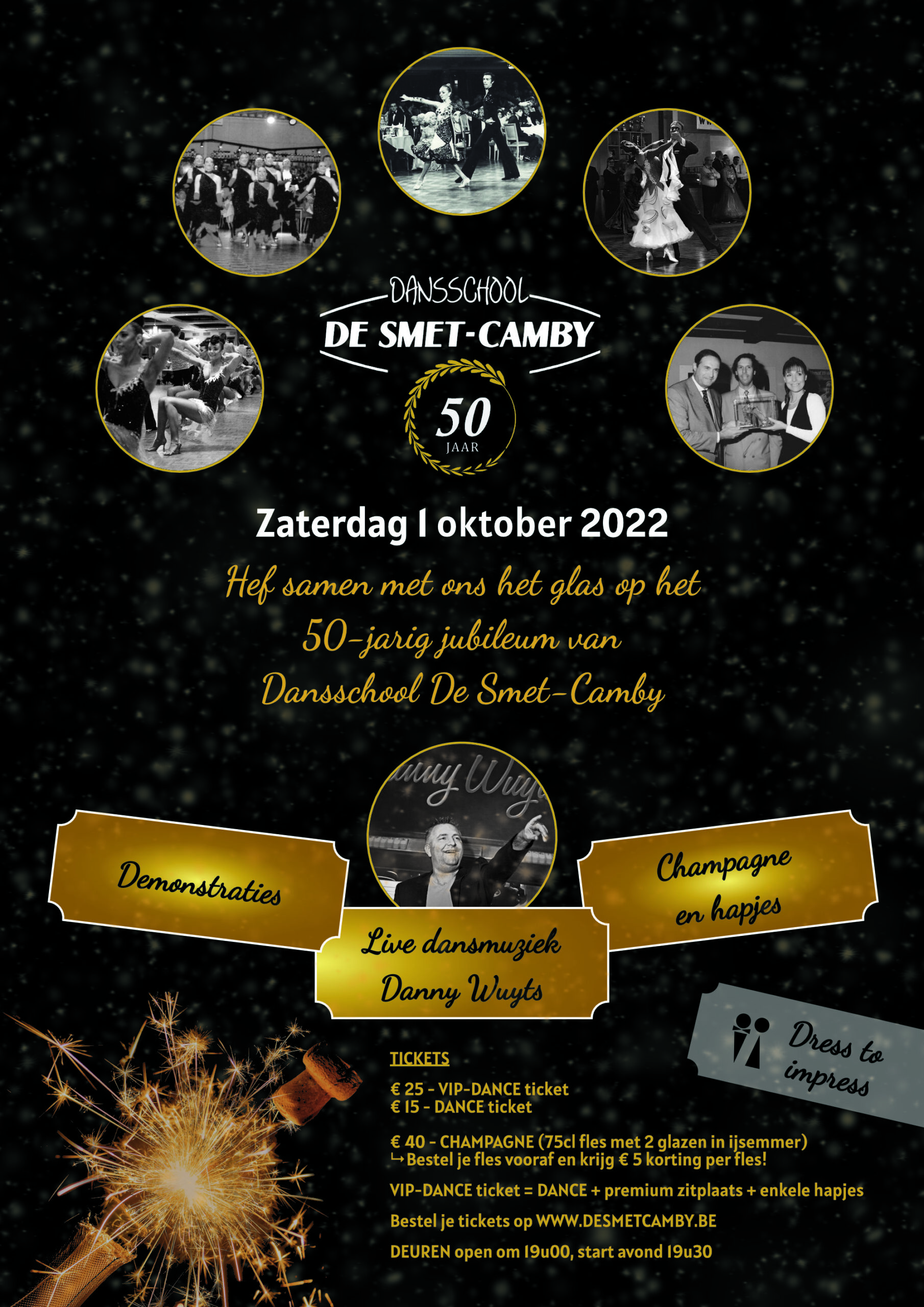 Poster over het 50-jarig Jubileum van Dansschool De Smet-Camby dat doorgaat op zaterdag 1 oktober